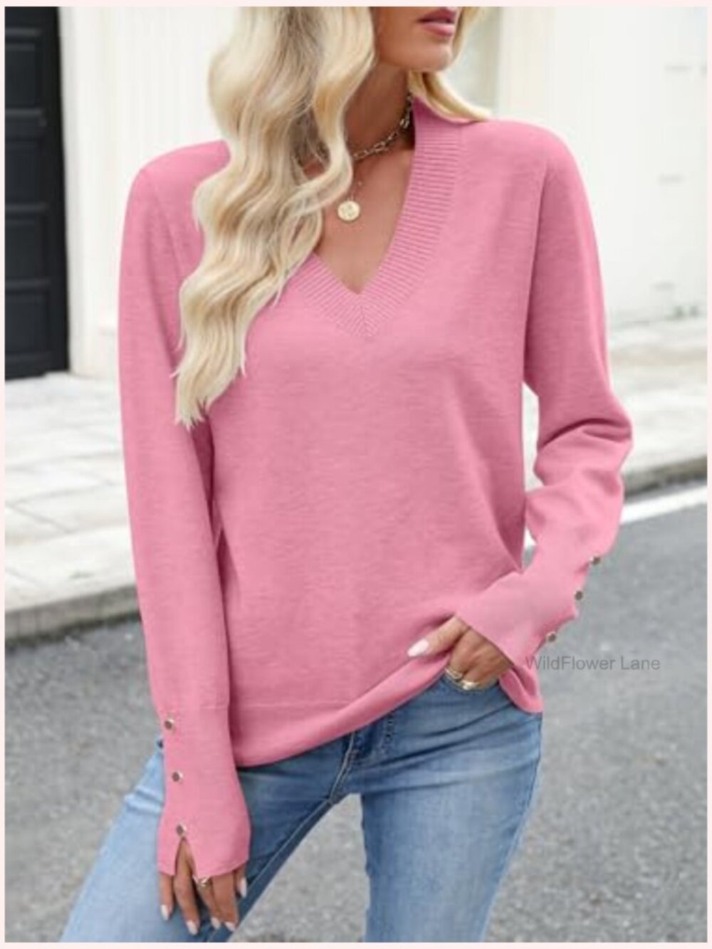 Long Sleeve V Neck Knit Pullover Sweater for Women Business Casual - Picture 3 of 7